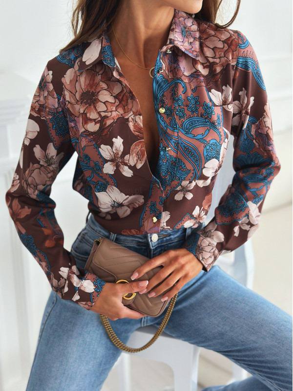 Button Up Long Sleeve Casual Printed Blouse