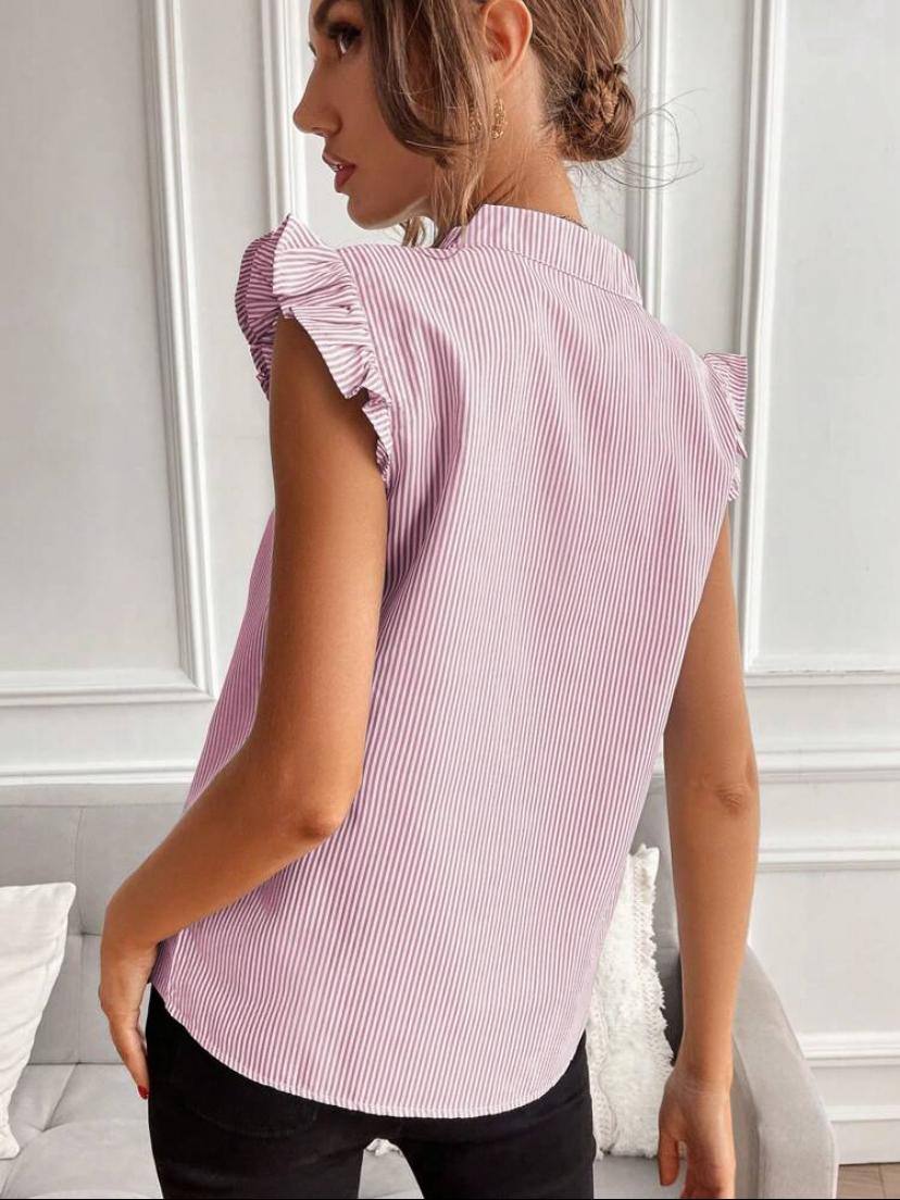 V NECK RUFFLE TRIM TOPS BLOUSE