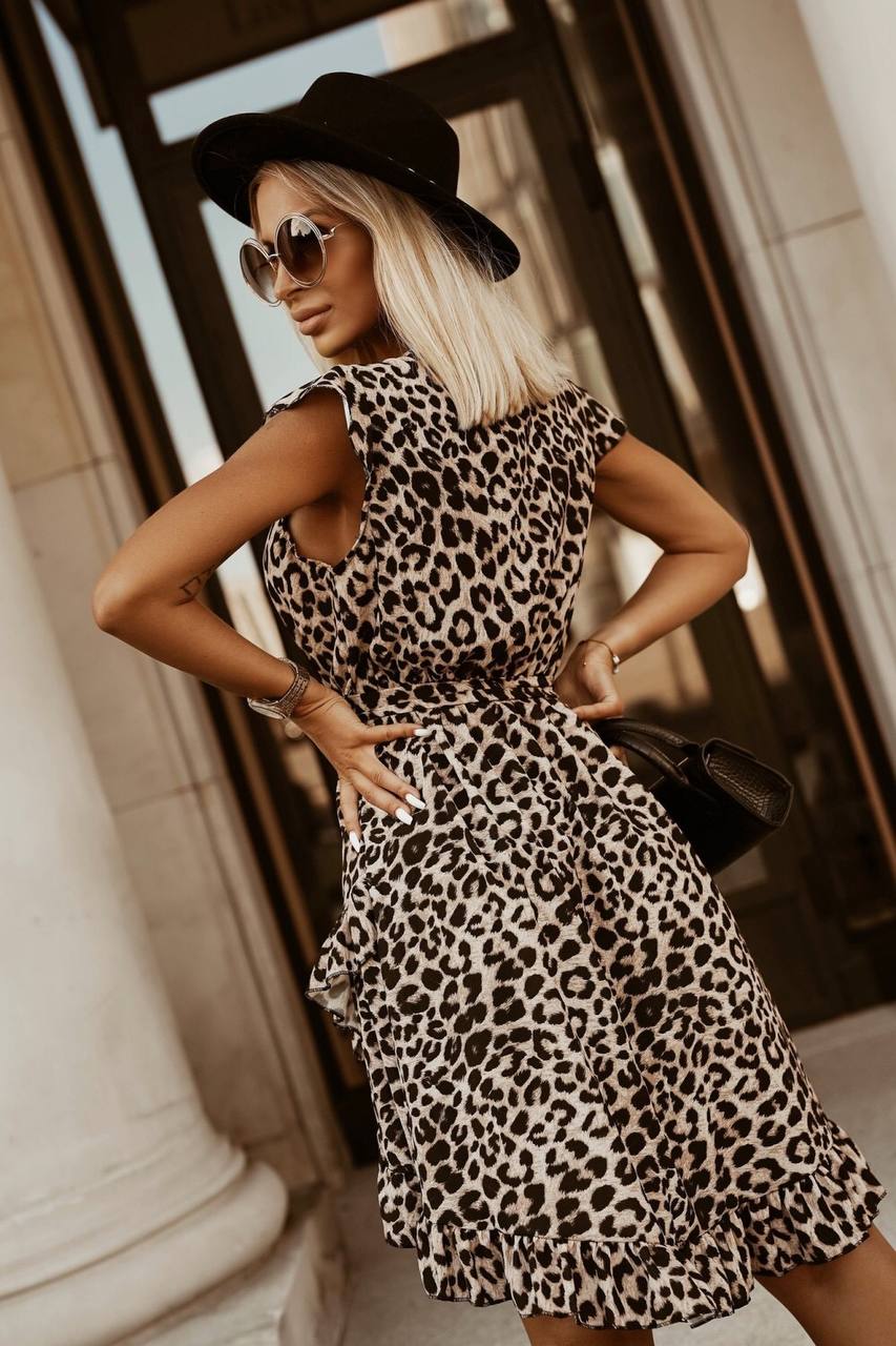 LEOPARD RUFFLE SLEEVELESS SHORT DRESS WITH BELTED