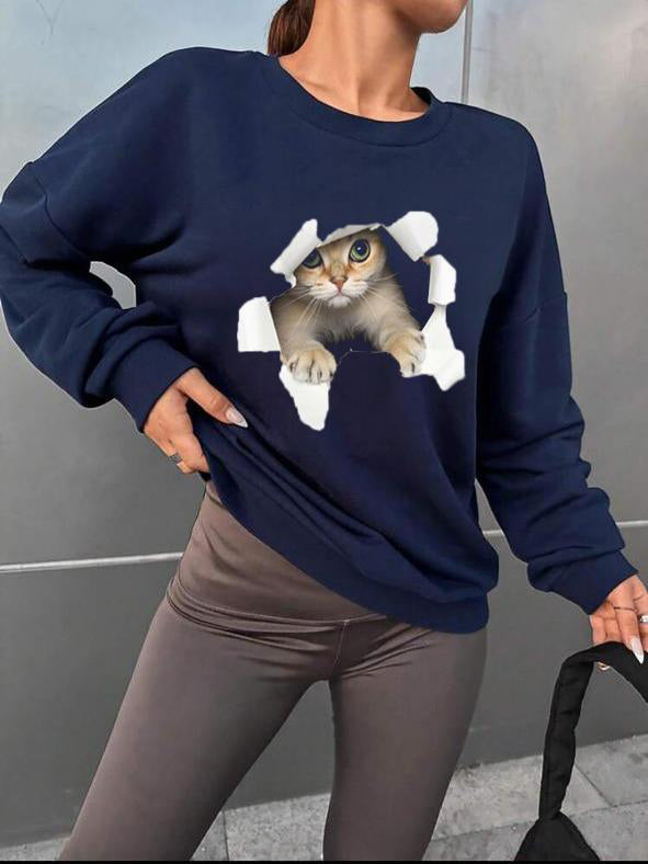 Cat Printed Round Neck Blouse
