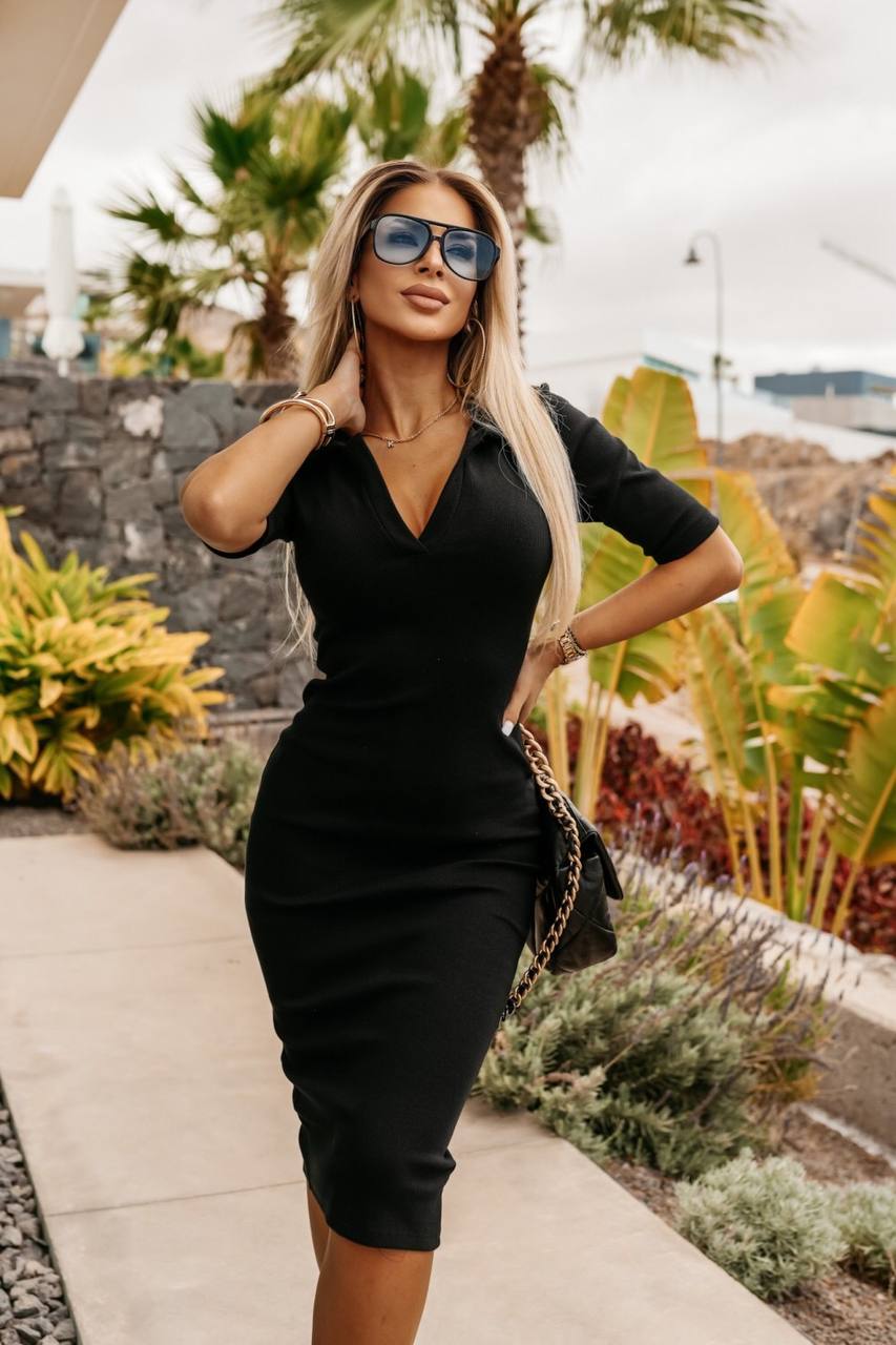 SOLID V NECK BODYCORN DRESS WITH SHORT SLEEVE