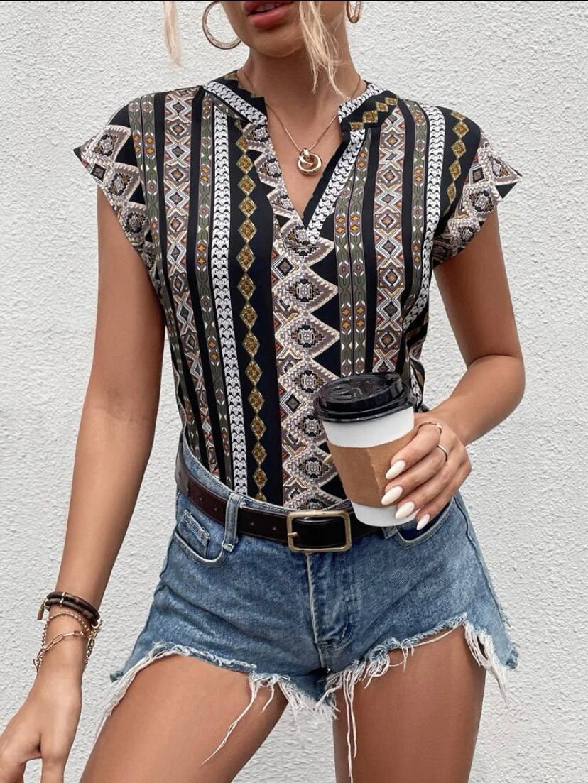 Batwing Sleeve V Neck Ethnic Top Blouse