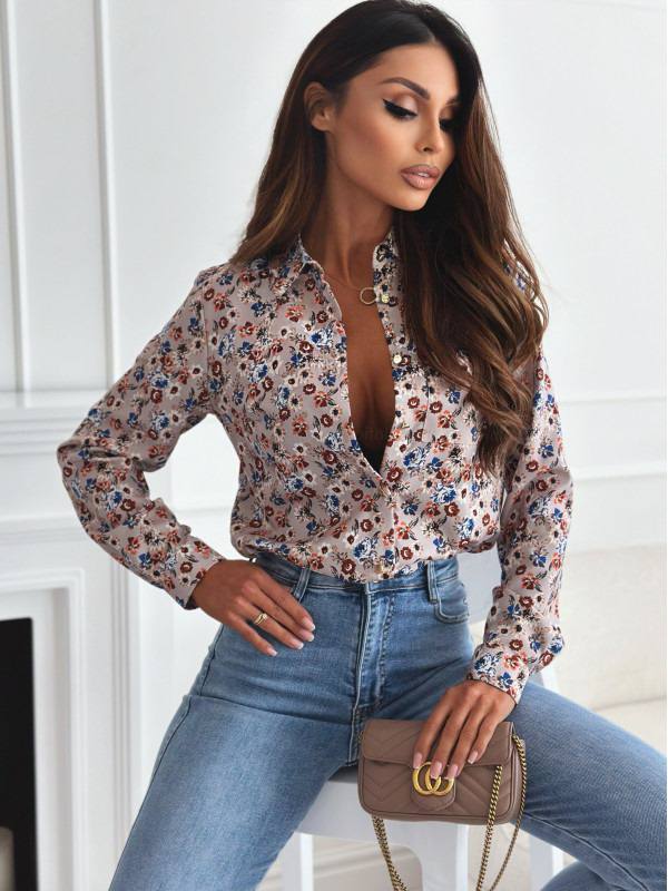 Button Up  Long Sleeve Casual Printed Blouse
