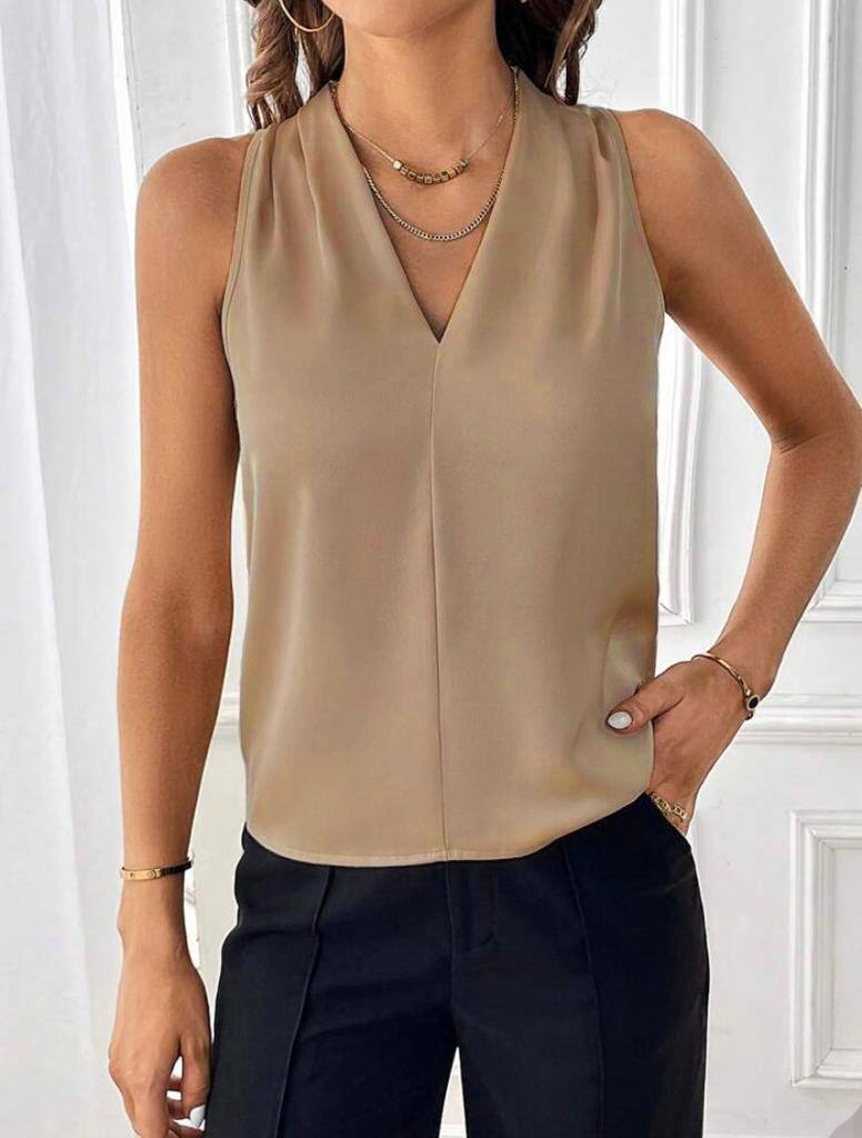 Straight Sleeveless V Neck Viscose Top Blouse