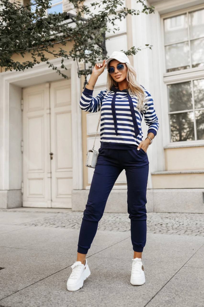 Striped Printed Blouese&Slid Colour Pant Set