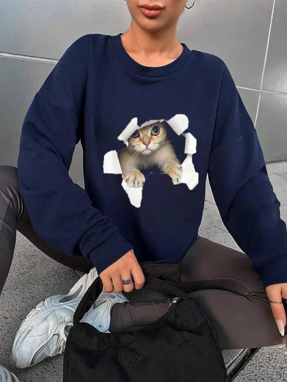 Cat Printed Round Neck Blouse