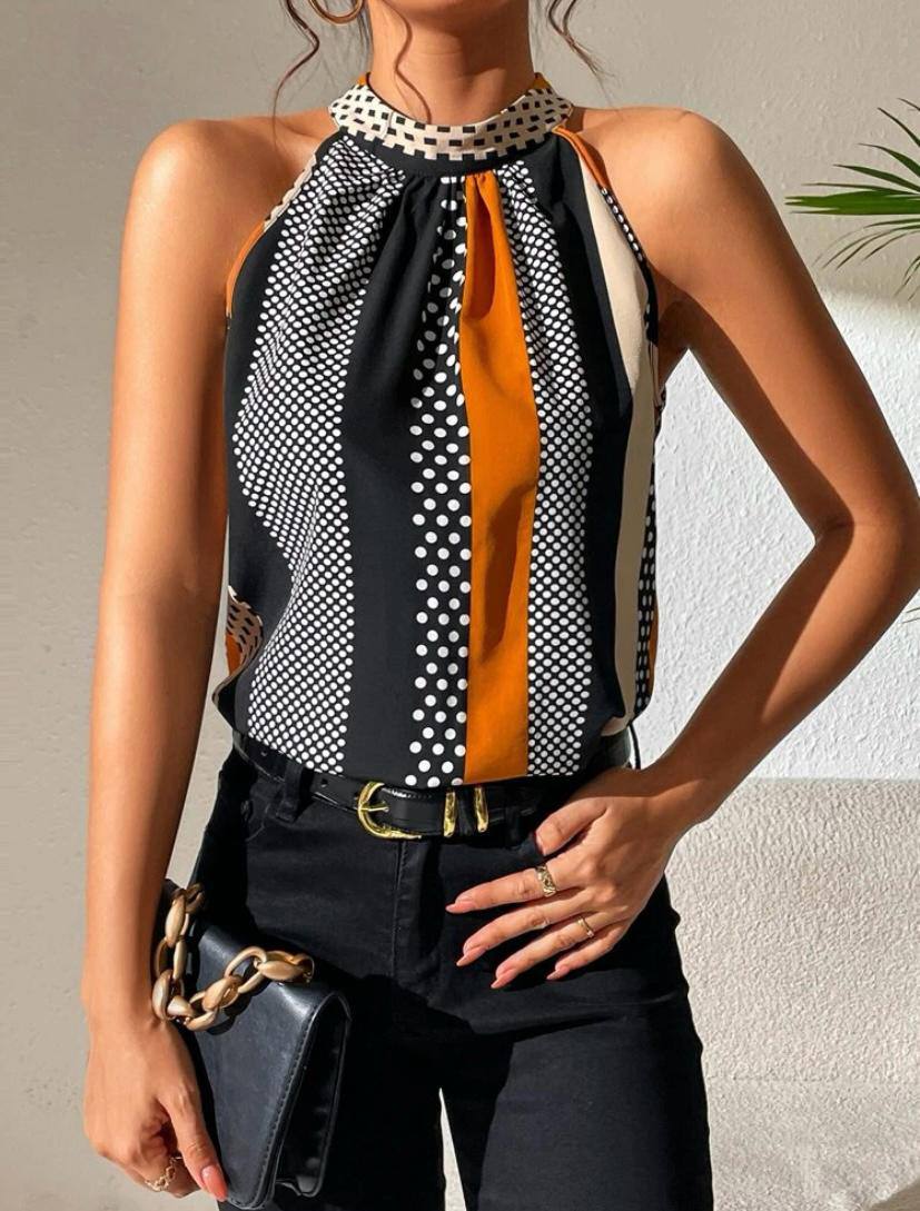 Stripe Halter Top with Keyhole Back and Polka Dot Stripe Sleveless Blouse