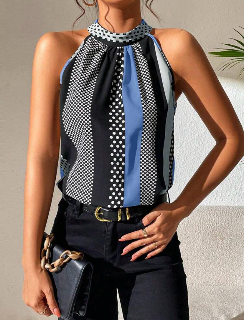 Stripe Halter Top with Keyhole Back and Polka Dot Stripe Sleveless Blouse