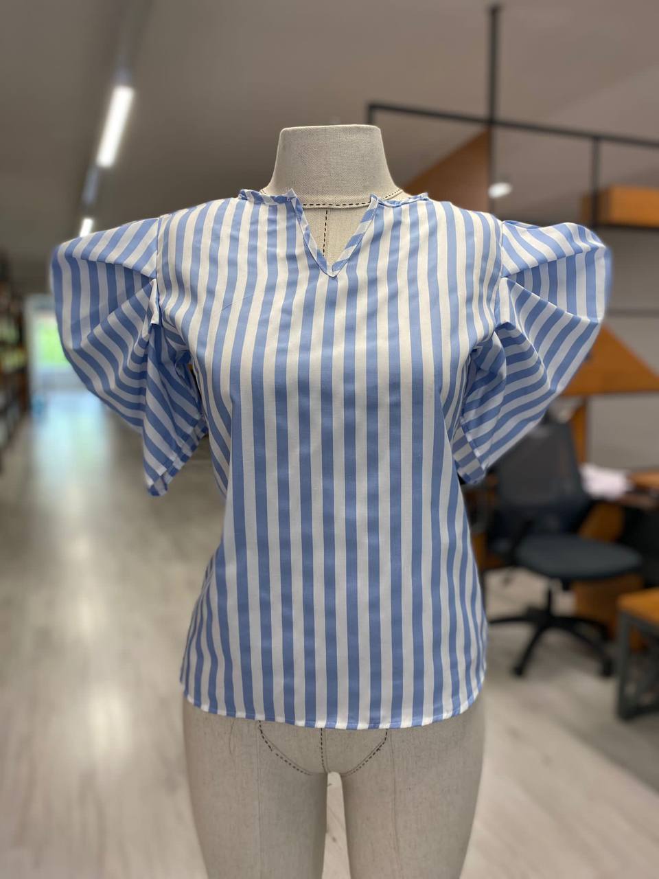 Blue Striped V Neck Short Sleeve Ruffle Blouse